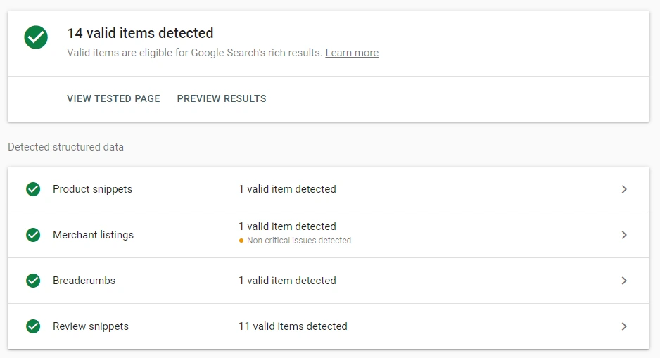 Google’s Rich Results Testing Tool result for a website using schema