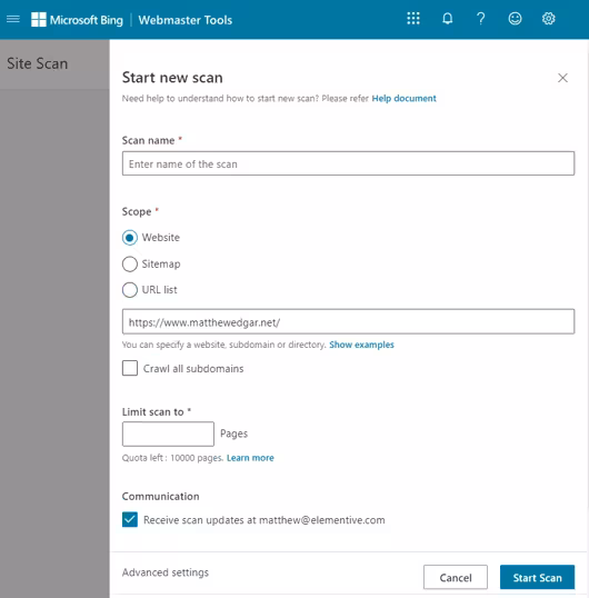 Bing Webmaster Tools Site Scan start