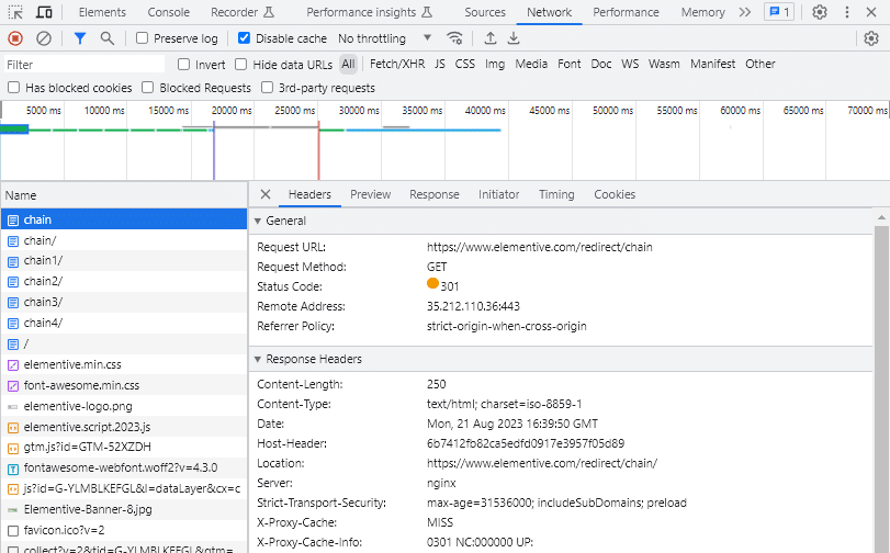 Identify redirect chains in Chrome DevTools
