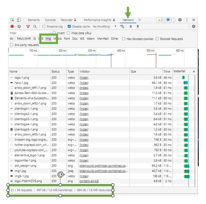 Filter to resource type to see file size in Chrome DevTools