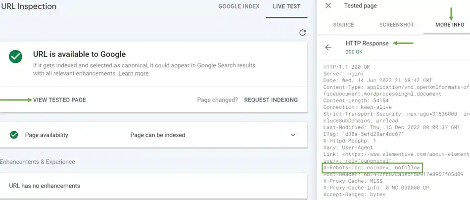 View HTTP Response in Google Search Console to identify X-Robots noindex tag.
