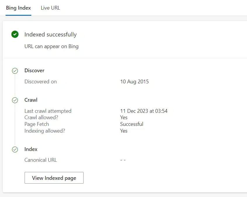 Result of inspecting URL in Bing Webmaster Tools