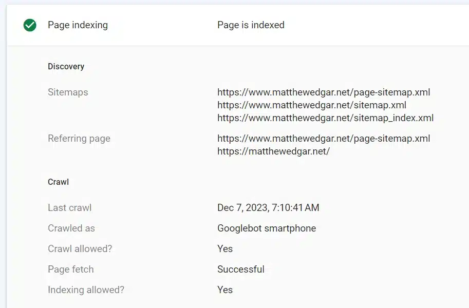 URL Inspection report in Google Search Console