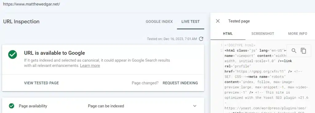 View Tested page in Google Search Console's Inspect URL