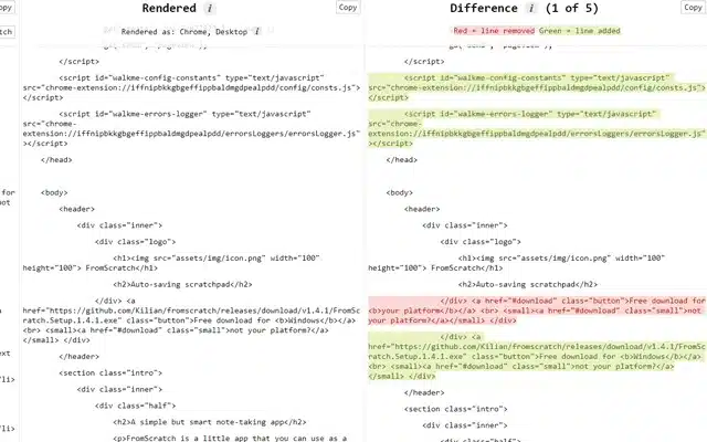 Example of View Rendered Source showing the Rendered code and the Difference between Rendered and Raw code