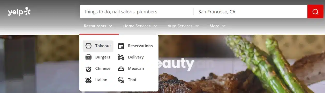 Yelp desktop website with Restaurants navigation dropdown expanded