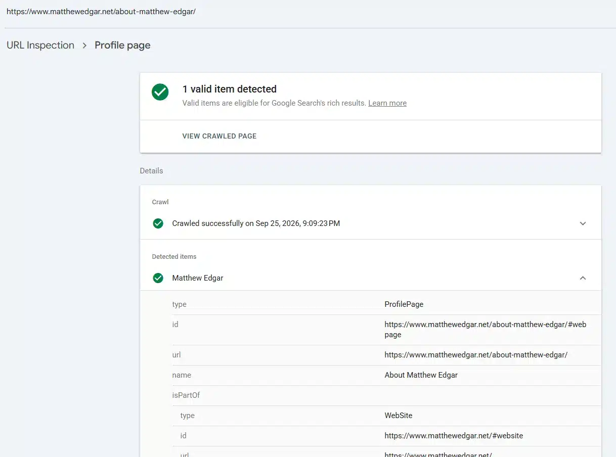 Google Search Console URL Inspection showing ProfilePage schema detected on an about page
